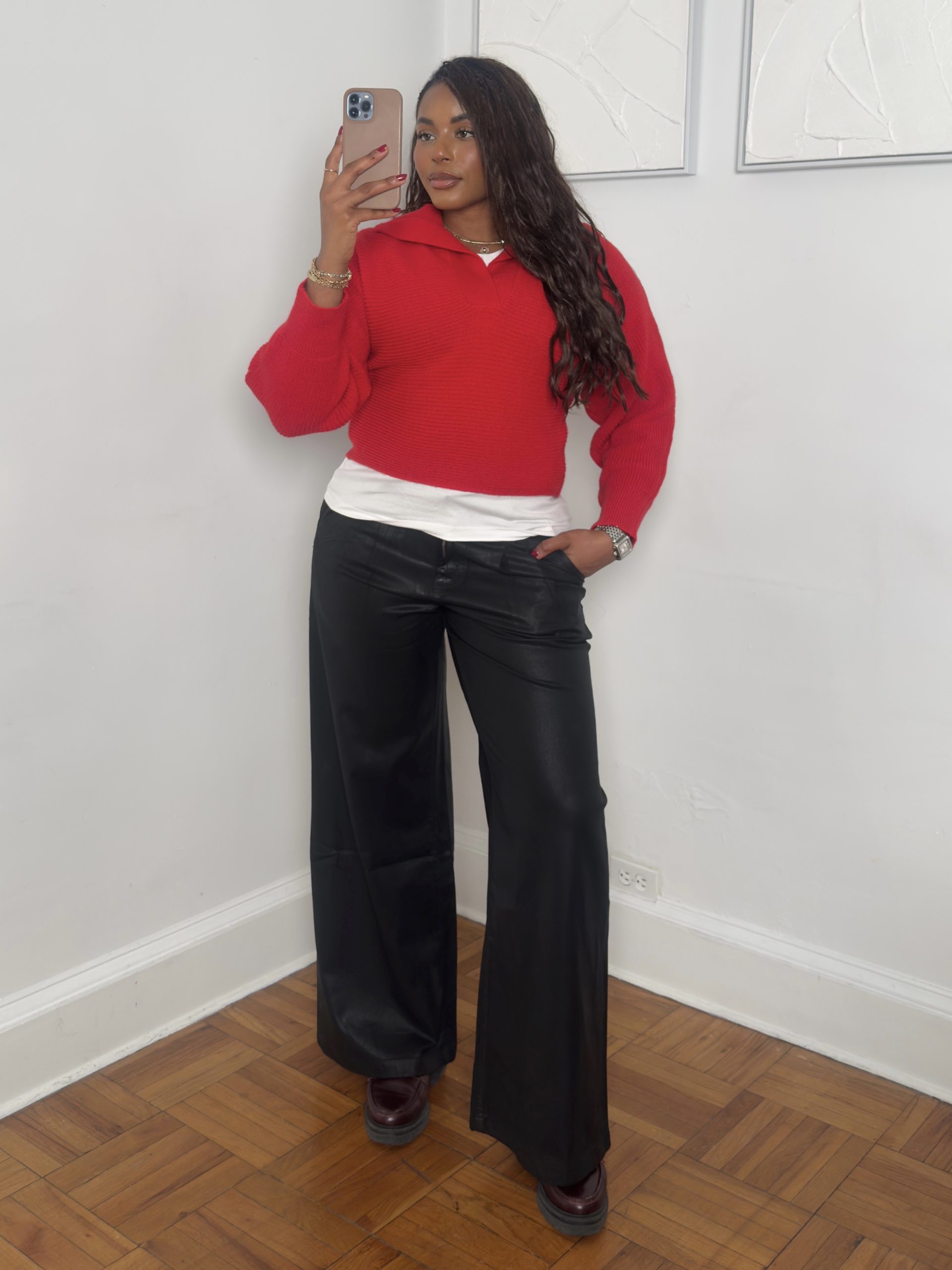 Vibrant Red Sweater Layered Over White T-Shirt Vibrant Red Sweater Layered Over White T-Shirt — Casual Winter Outfits