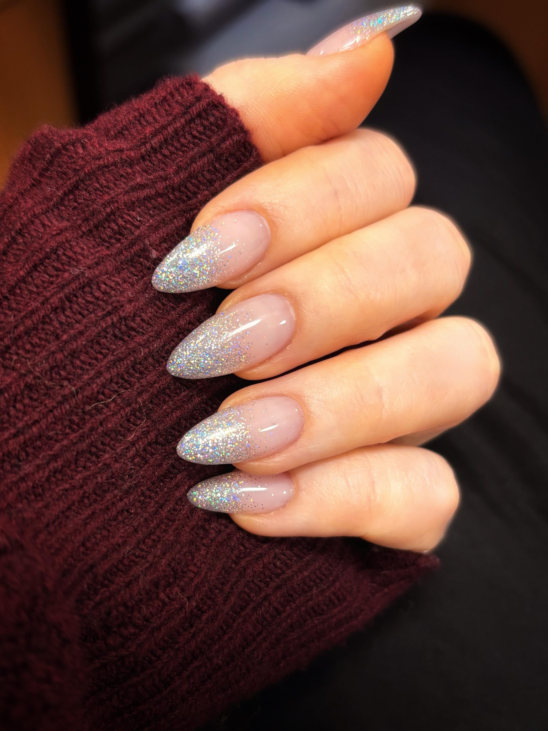 Sheer Pink Glitter Gradient Stiletto Sheer Pink Glitter Gradient Stiletto — Simple Winter Nails