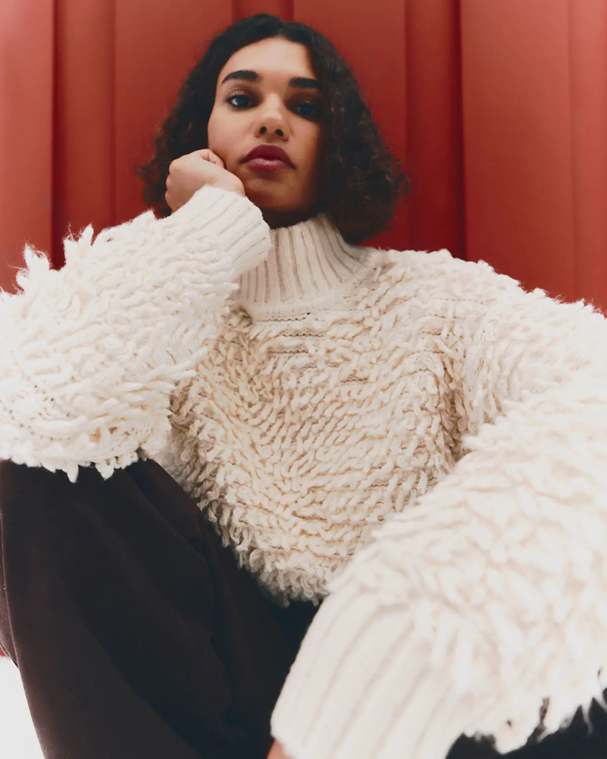 Chunky Knit Cream Turtleneck with Textured Fringed Sleeves — Winter White Outfits