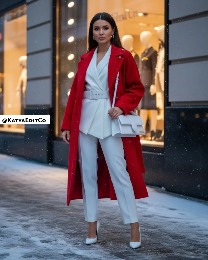 Striking Red Wool Coat Over Tailored White Suit Striking Red Wool Coat Over Tailored White Suit — Winter Date Night Outfits