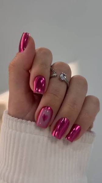 Metallic Pink Chrome with Heart Accent Metallic Pink Chrome with Heart Accent — chrome nail designs