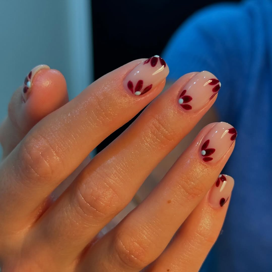 Short Square with Floral Cuticle Art Short Square with Floral Cuticle Art — Black Cherry Nails