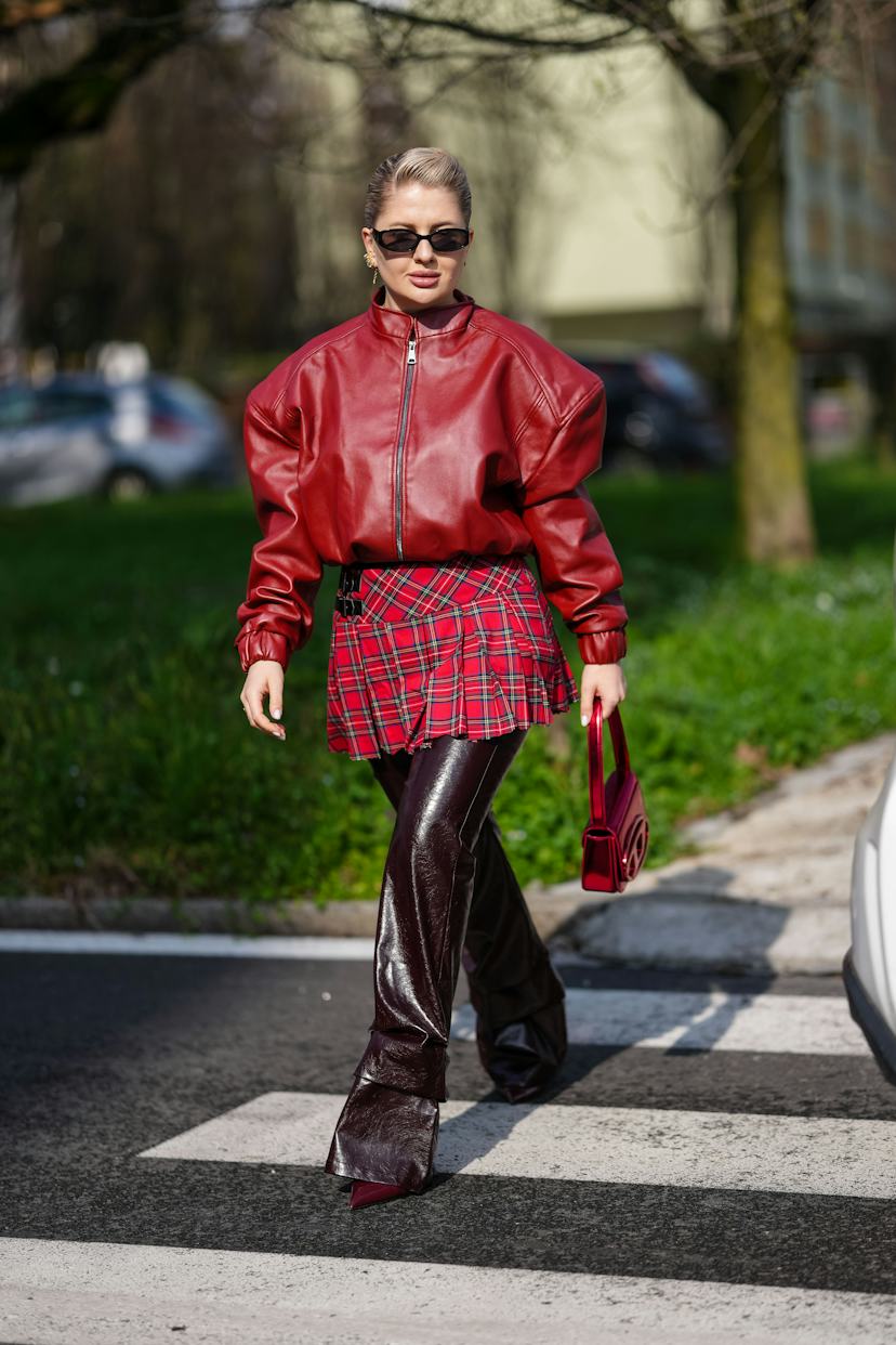 Bold Red Leather Bomber Jacket with Plaid Skirt — Italy Winter Outfits