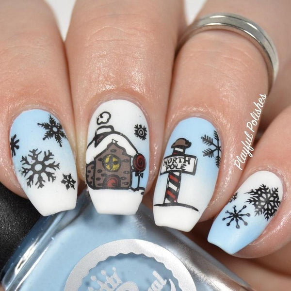 Matte Light Blue Gradient Snowflakes and Gingerbread House Matte Light Blue Gradient Snowflakes and Gingerbread House — Winter Nails for Kids
