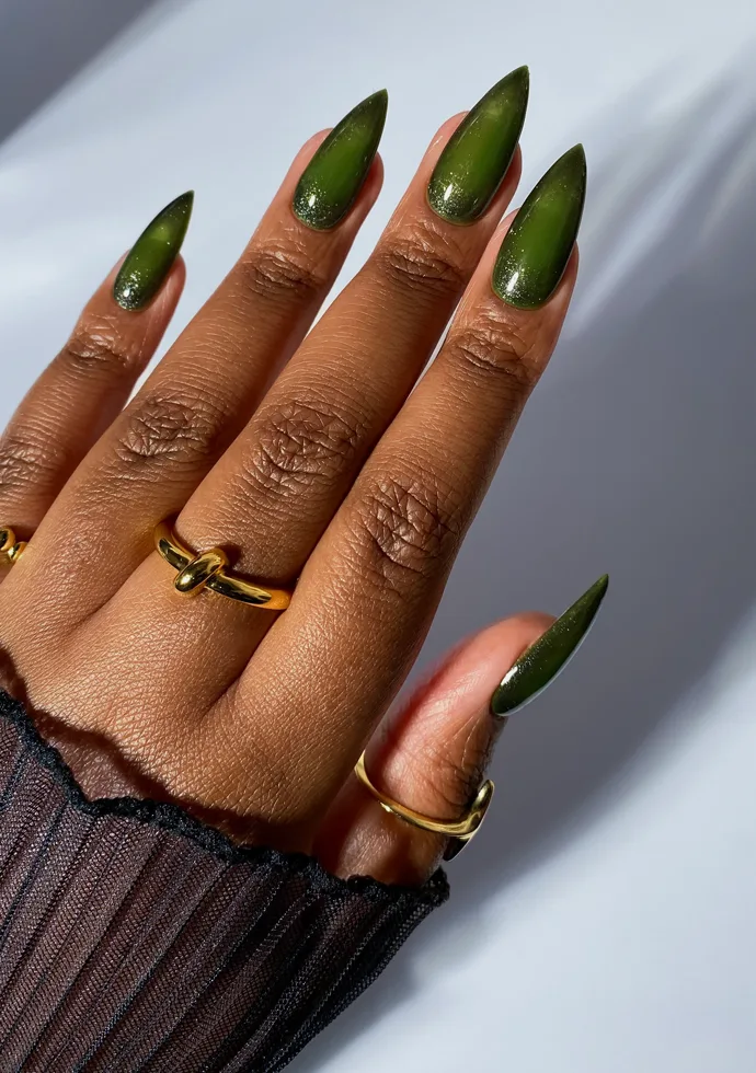 Deep Forest Green Jelly Glitter Stiletto Nails Deep Forest Green Jelly Glitter Stiletto Nails — green nail designs