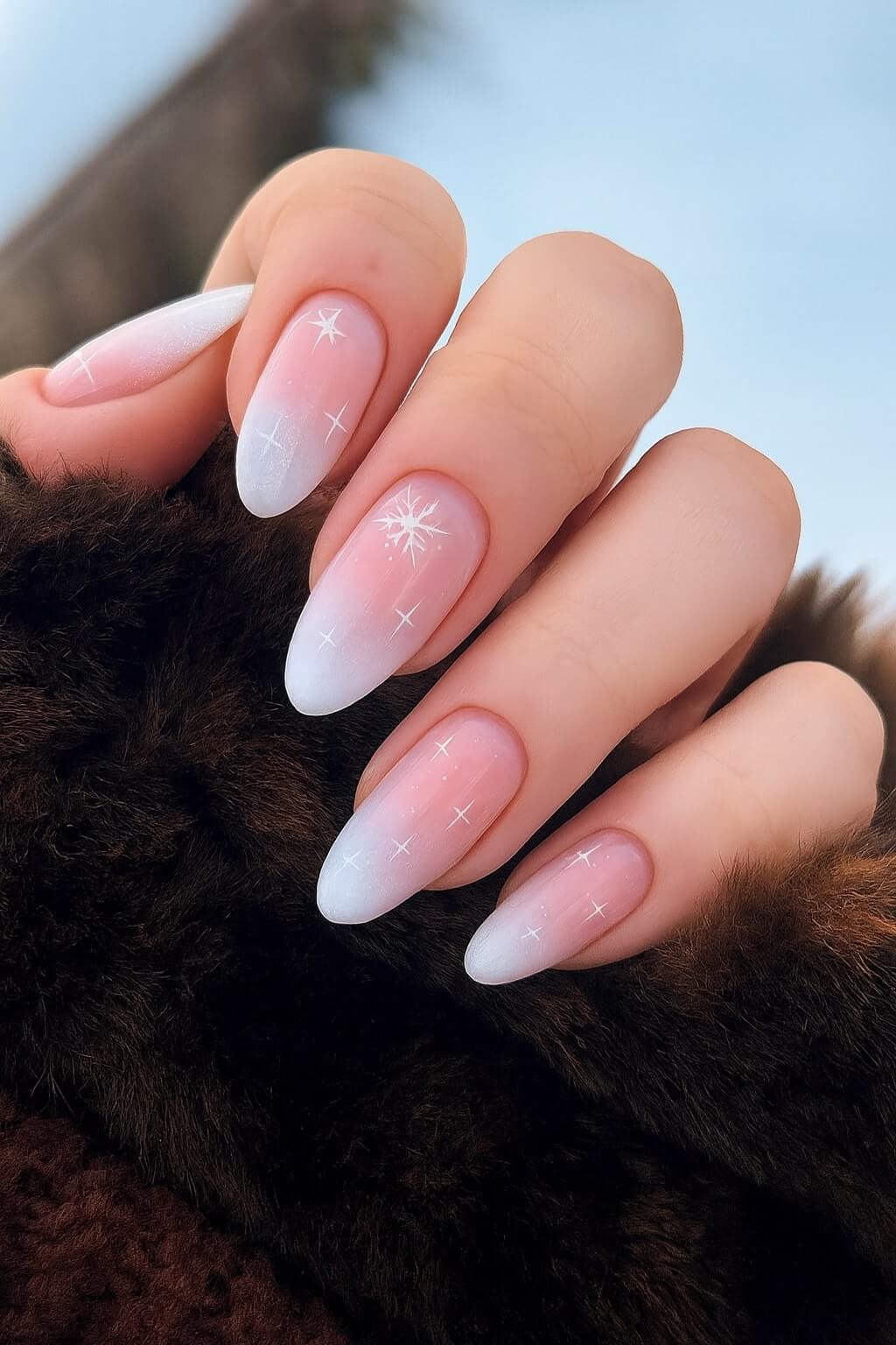 Soft Pink Ombre Snowflake Almond Nails Soft Pink Ombre Snowflake Almond Nails — Snowflake Nails