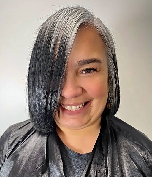 Chin Bob Dark Base Grey Red Highlights — Reverse Balayage