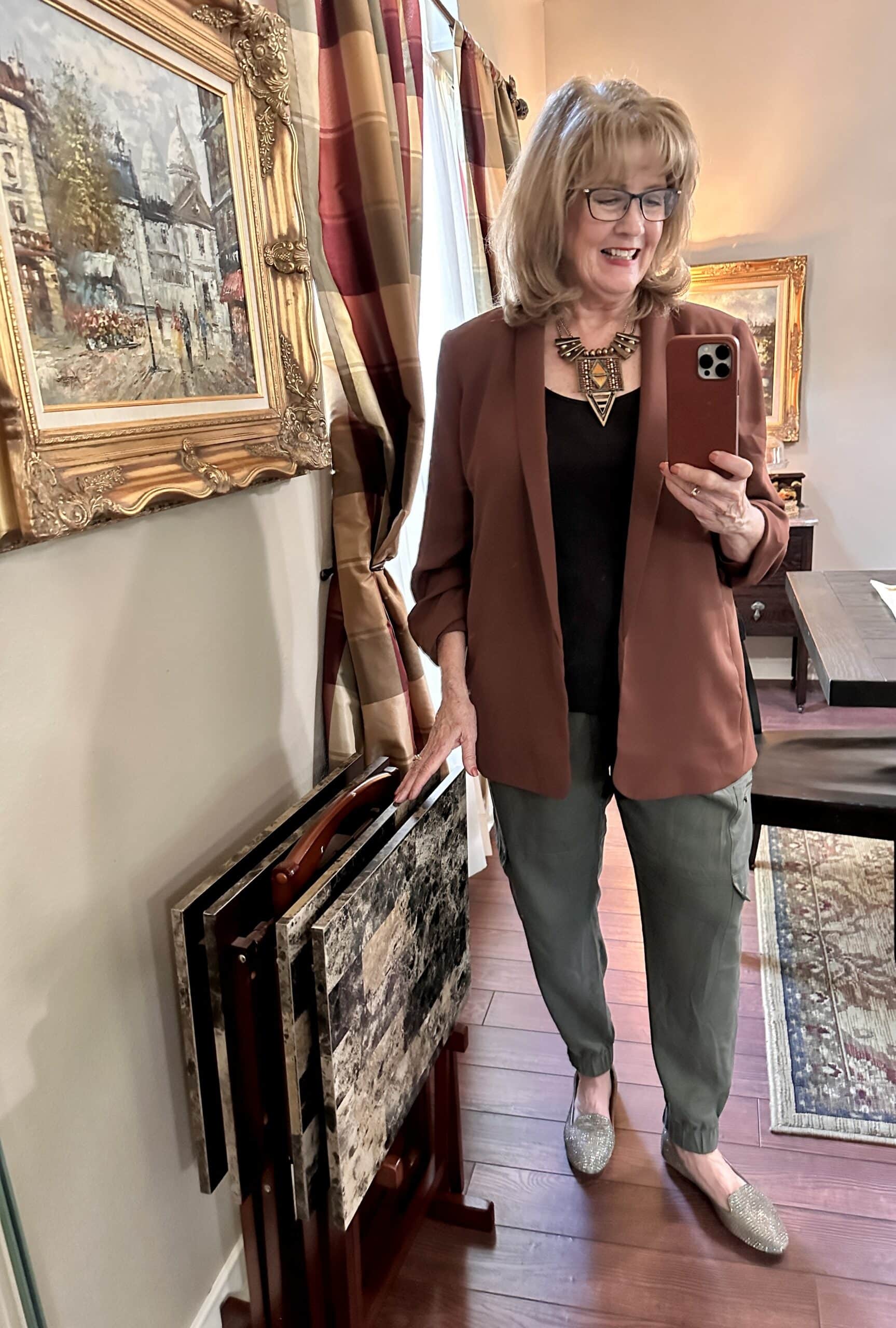 Smart Casual Brown Blazer with Olive Cargo Pants and Statement Necklace Smart Casual Brown Blazer with Olive Cargo Pants and Statement Necklace — Winter Outfits for Women Over 60