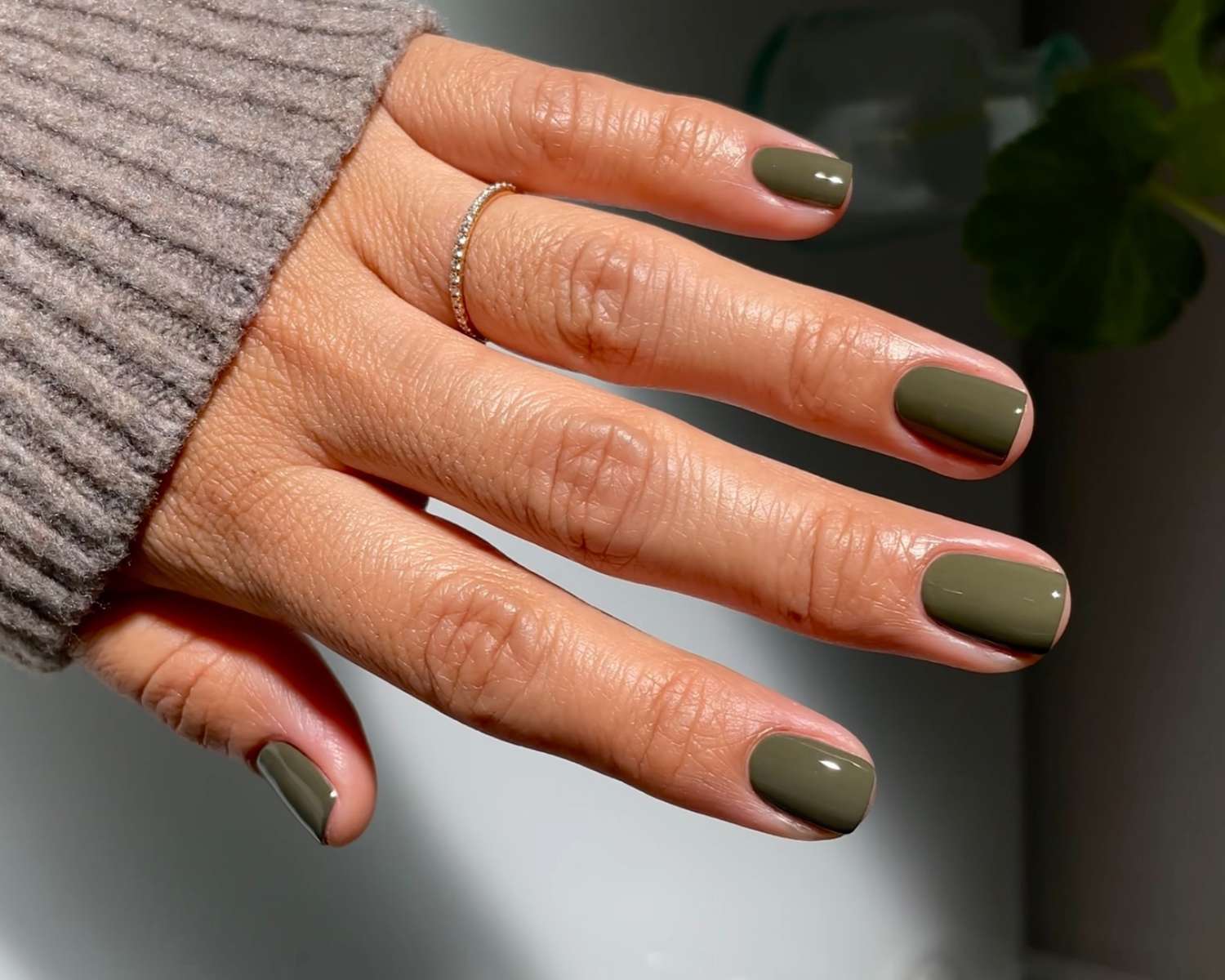 Satin Muted Olive Green Short Square Nails Satin Muted Olive Green Short Square Nails — Winter Nail Colors for Dark Skin