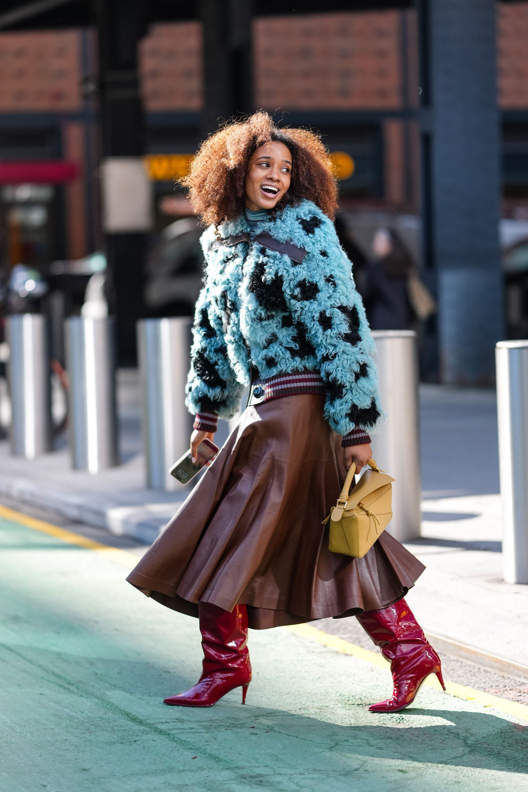 Playful Contrast: Bomber Jacket, Leather Skirt, and Red Knee-High Boots — Knee High Boots Outfits