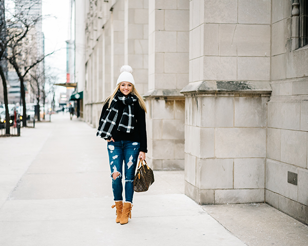 Edgy Ripped Jeans with Plaid Scarf Edgy Ripped Jeans with Plaid Scarf — Chicago Winter Outfits