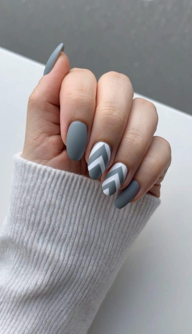 Matte Gray Chevron Almonds Matte Gray Chevron Almonds — trendy simple nail designs