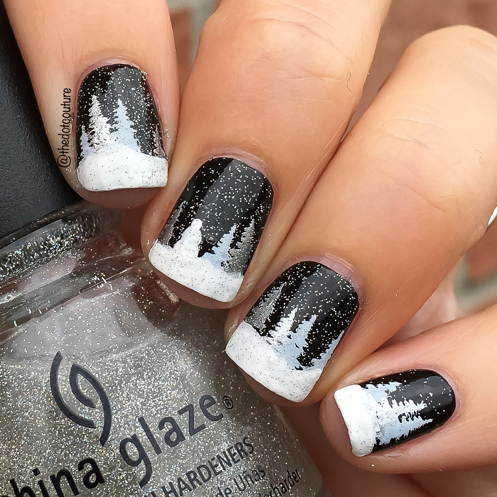 Short Square Winter Forest Scene Nails Short Square Winter Forest Scene Nails — Winter Glitter Nails
