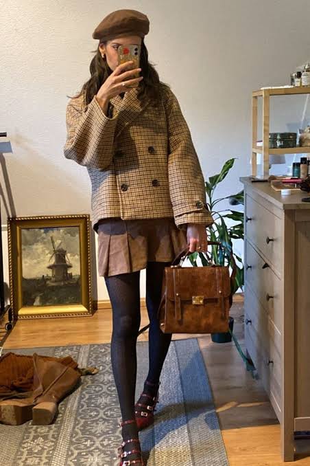 Plaid Double-Breasted Jacket and Mini Skirt — Dark Academia Winter Outfits