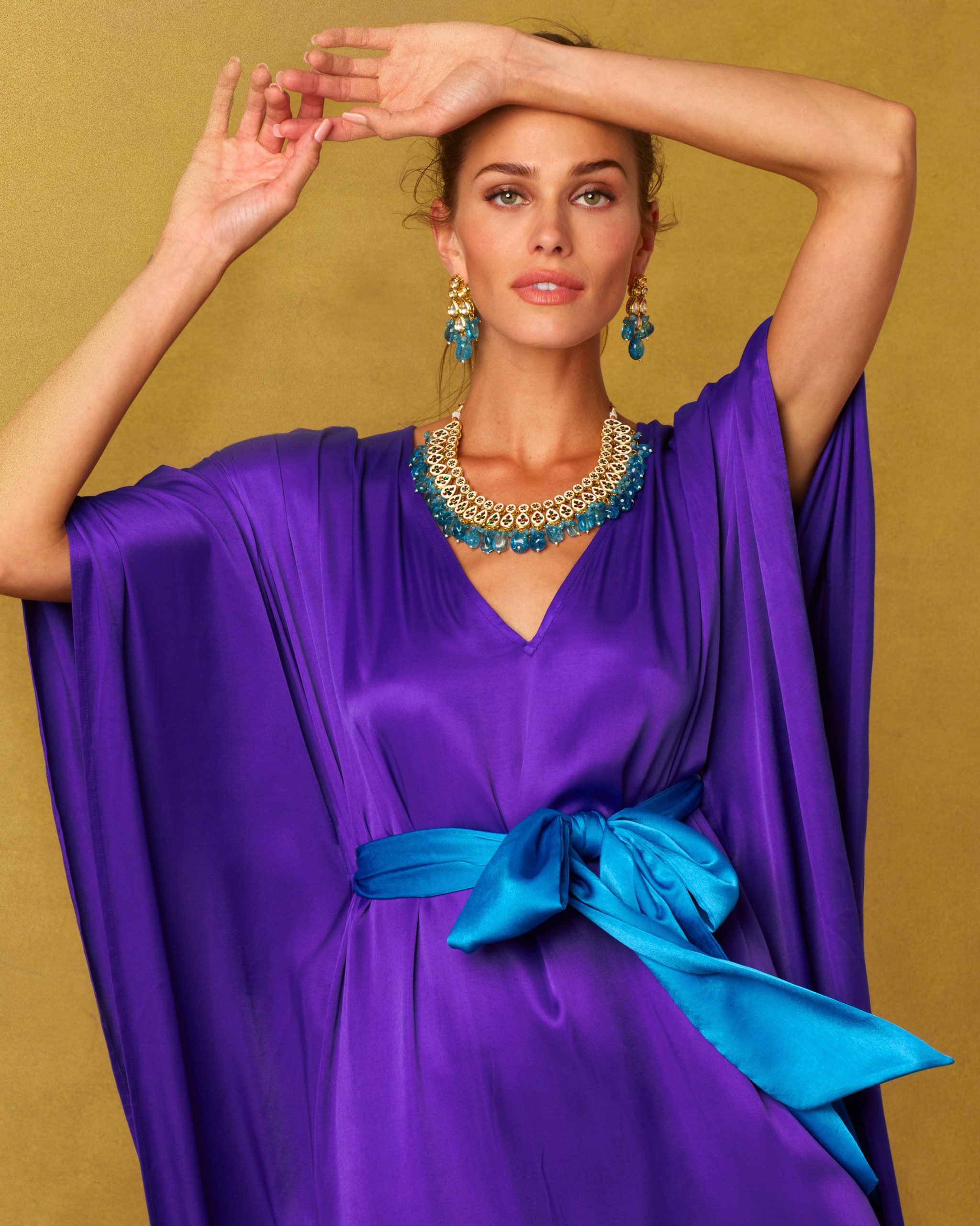 Luxurious Royal Purple Silk Kaftan with Turquoise Sash for Resort Wear Royal Purple Outfits
