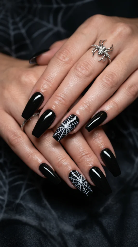 Glossy Black Spiderweb Coffin Nails Glossy Black Spiderweb Coffin Nails — coffin nail designs