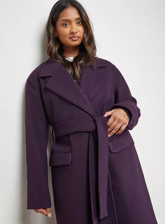Oversized Deep Purple Wrap Coat with Waist Tie — Winter Coats for Women