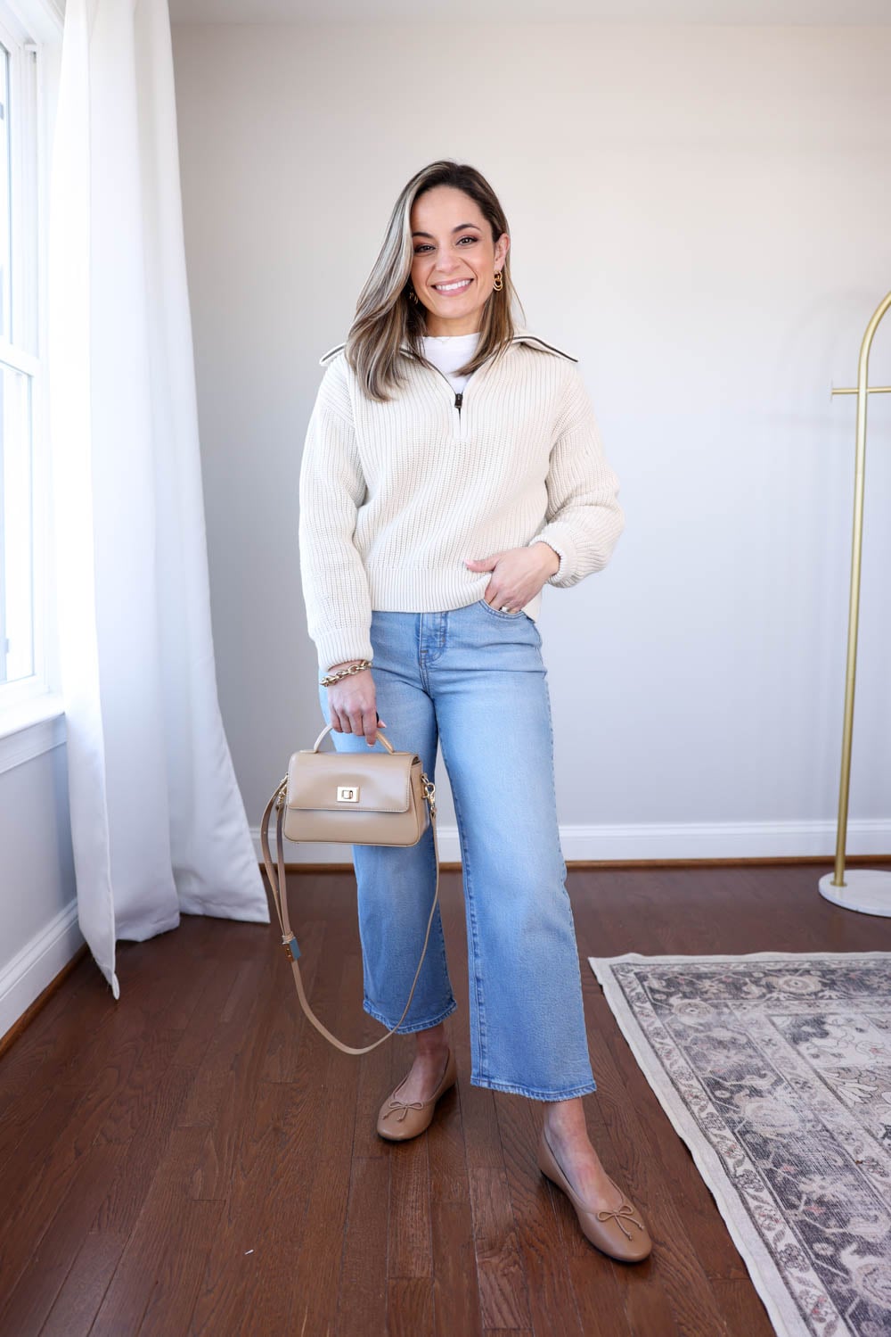 Half-Zip Sweater Over T-Shirt and Cropped Jeans — Winter to Spring Transition Outfits