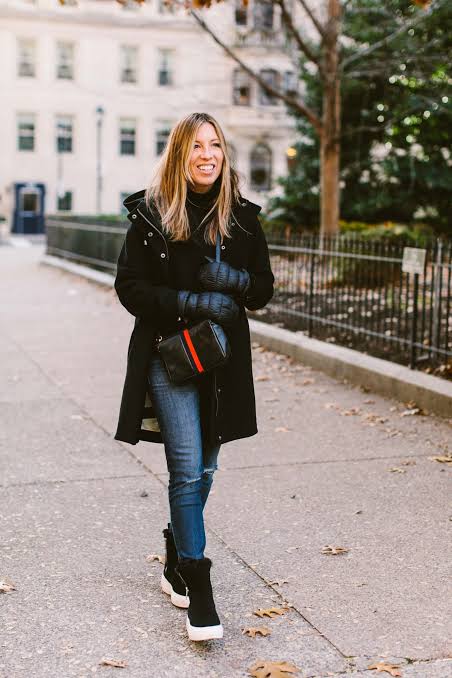 Black Turtleneck Sweater with Parka Coat and Blue Jeans — Turtleneck Outfits