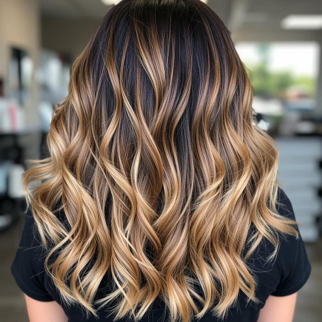 Layers Mid-Back Dark Brown With Blonde Balayage Gradient Layers Mid-Back Dark Brown With Blonde Balayage Gradient — Blonde to Brunette Hair
