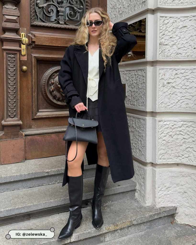 Black Coat, Vest, and Mini Skirt Combination — Black Coat Outfits