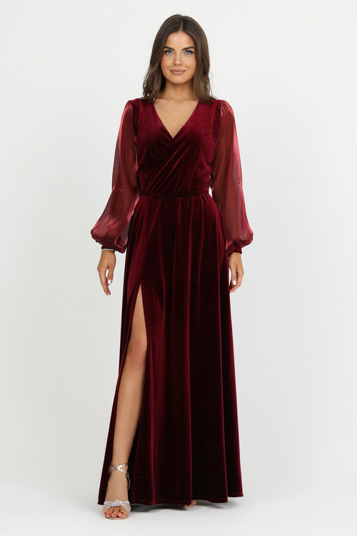 Burgundy Velvet Dress with Sheer Chiffon Voluminous Sleeves Burgundy Velvet Dress with Sheer Chiffon Voluminous Sleeves — Winter Formal Dresses