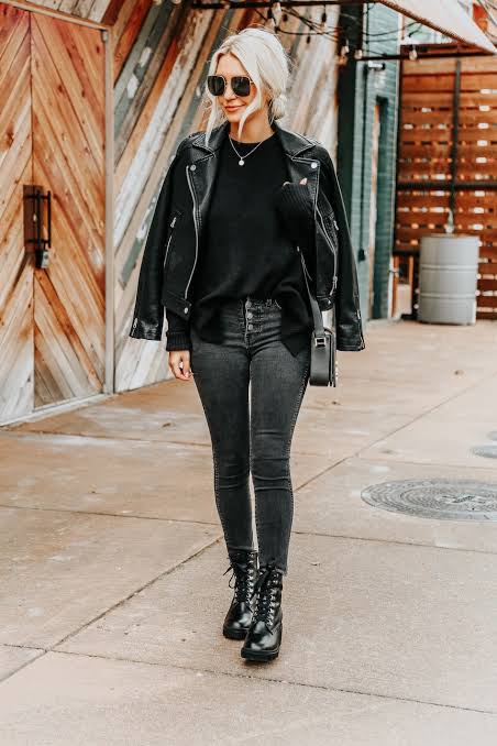 Leather Jacket with Combat Boots for Rugged Casual Leather Jacket with Combat Boots for Rugged Casual — All Black Winter Outfits
