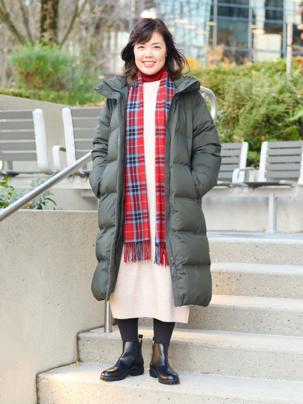 Olive Green Puffer with Knit Dress and Plaid Scarf — Long Puffer Coat Outfits