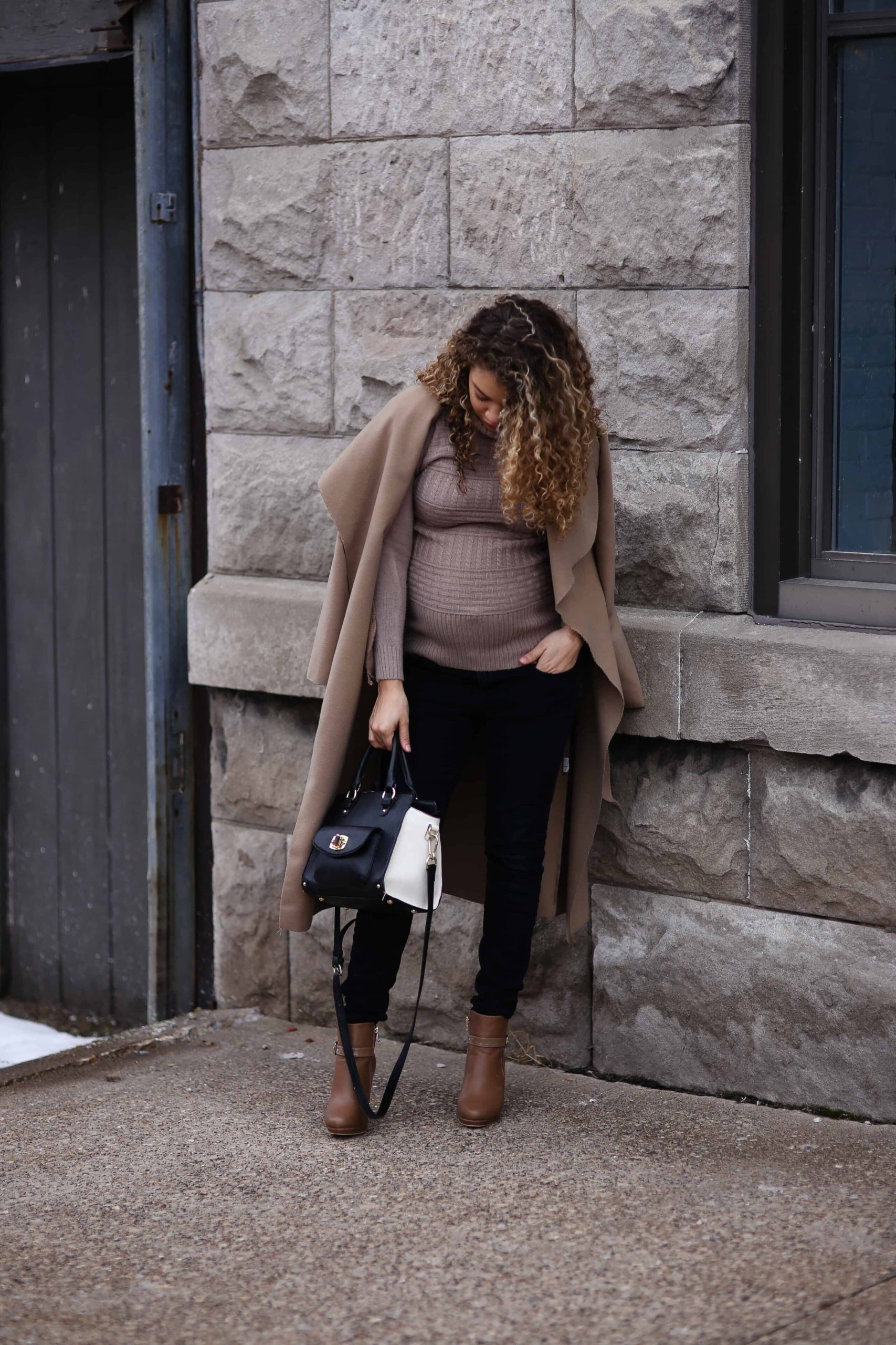 Long Coat Ribbed Knit Sweater Outfit Idea — Winter Maternity Outfits
