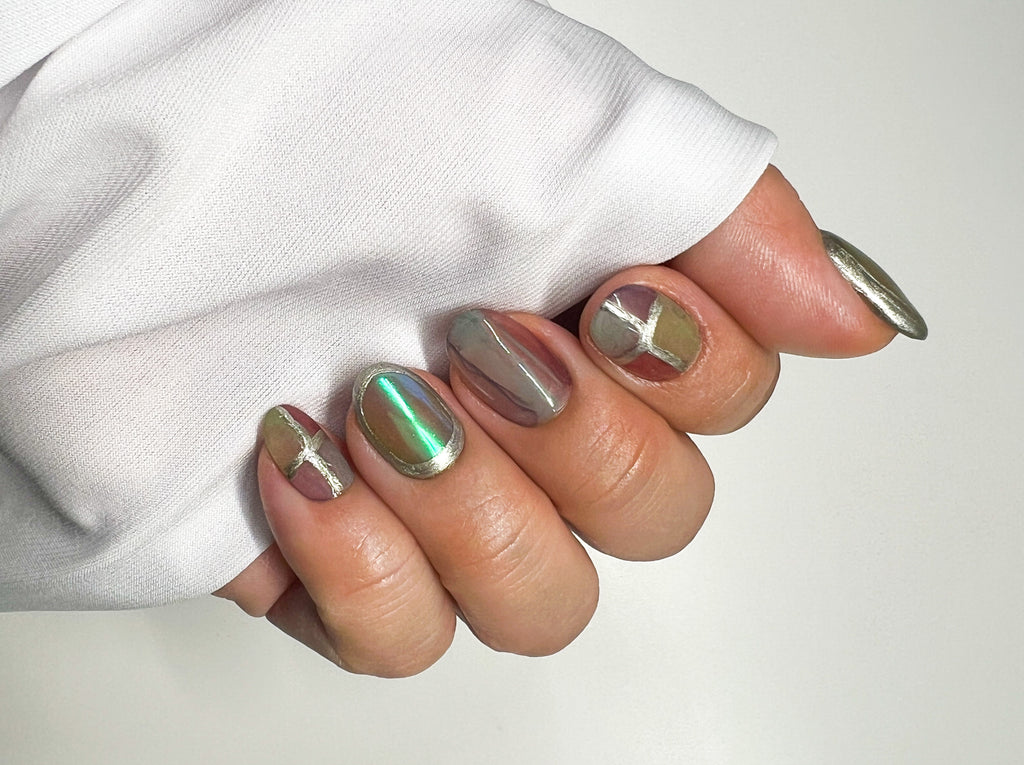 Medium Oval Geometric Foil Nails Medium Oval Geometric Foil Nails — Winter Nail Colors for Women Over 60