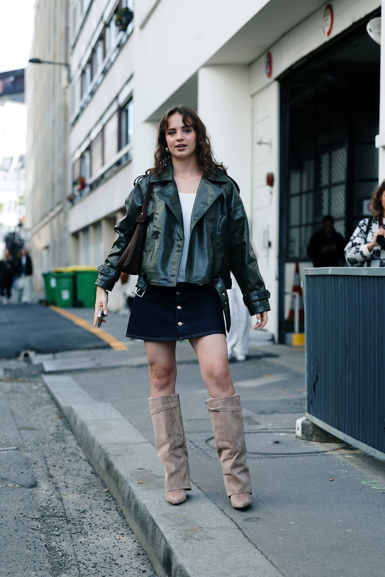 Moto Jacket, Denim Mini, and Taupe Suede Slouchy Boots Moto Jacket, Denim Mini, and Taupe Suede Slouchy Boots — Slouchy Boots Outfits