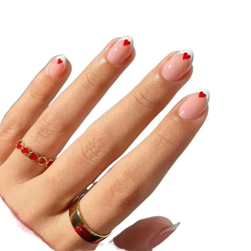 Tiny Red Hearts On French Tips Visual Idea Tiny Red Hearts On French Tips Visual Idea — Short Winter Square Nails