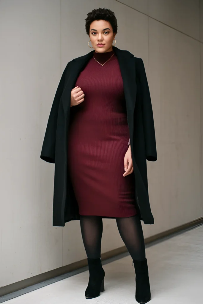 Burgundy Ribbed Knit Dress with Black Tights and Overcoat Burgundy Ribbed Knit Dress with Black Tights and Overcoat — Winter Outfits for Black Girls