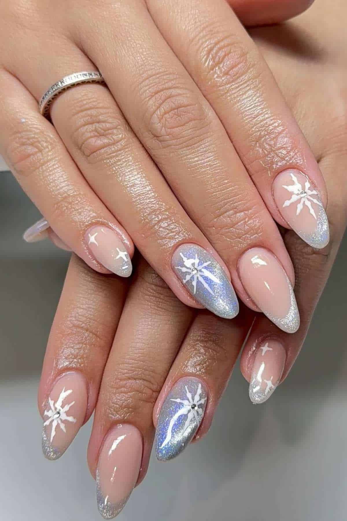 Sheer Pink Glitter French Snowflake Nails Sheer Pink Glitter French Snowflake Nails — Winter Nail Designs