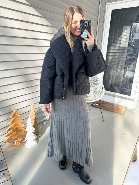 Quilted Puffer Jacket and Knit Dress for Cozy Layering Quilted Puffer Jacket and Knit Dress for Cozy Layering — Winter Outfits for Women Over 40