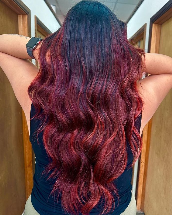 No Bangs Dark Base with Cherry Red Highlights and Balayage — Cherry Cola Hair Color