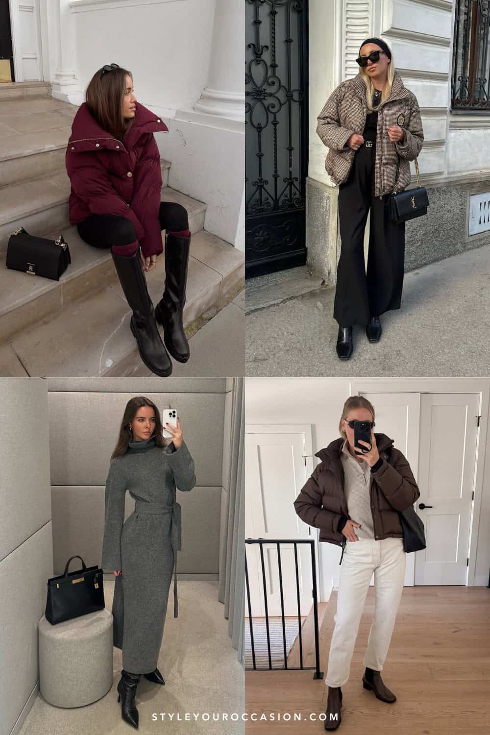 Knee-High Boots with Burgundy Puffer Jacket Knee-High Boots with Burgundy Puffer Jacket — Snow Boots Outfits