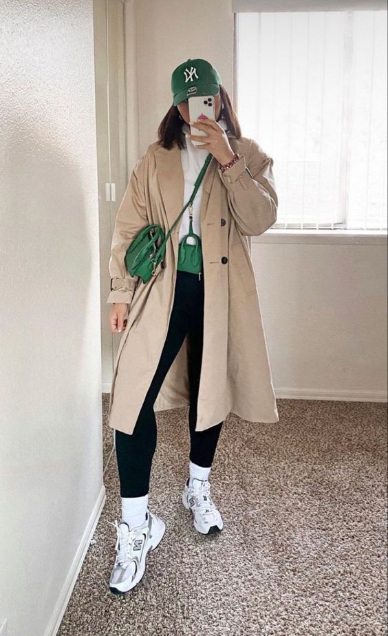 Beige Trench Coat Over Athleisure for a Polished Look — Winter Workout Outfits