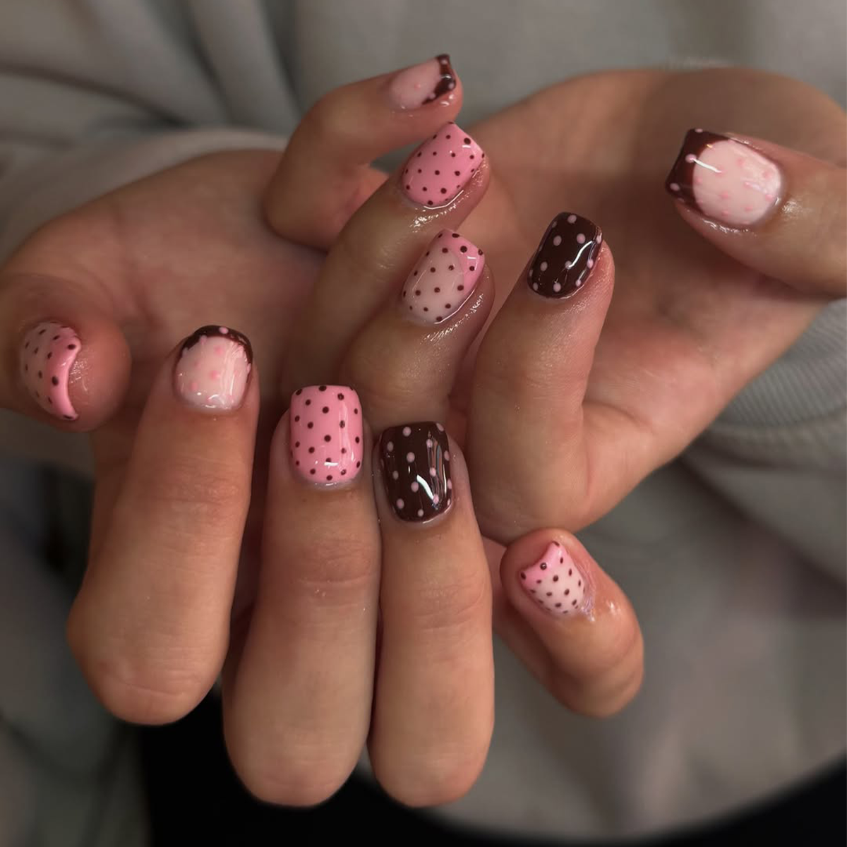 Pink Brown Polka Dot Tips Pink Brown Polka Dot Tips — Winter Squoval Nails