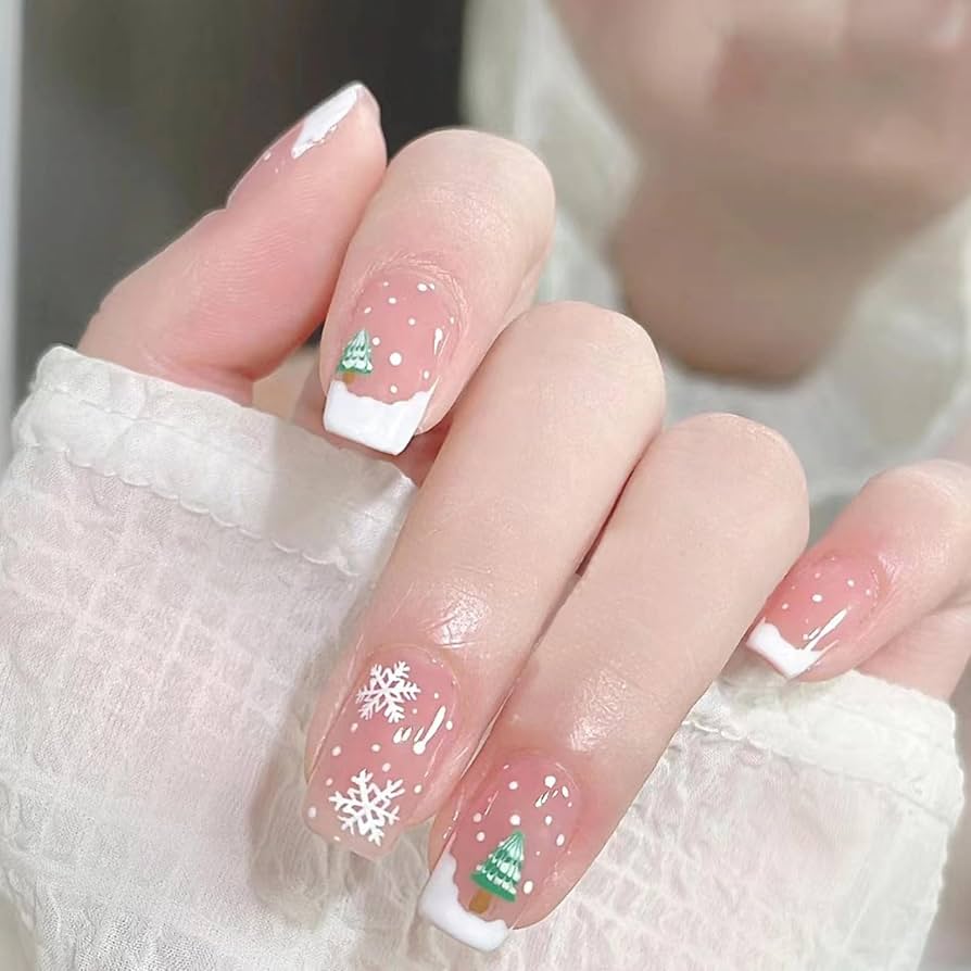 Clear French Winter Motif Short Square Nails Clear French Winter Motif Short Square Nails — Winter Square Nails