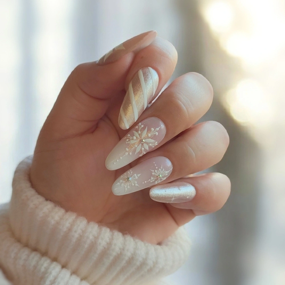 Medium Stiletto Nude Glitter Snowflakes Shimmer Medium Stiletto Nude Glitter Snowflakes Shimmer — Winter White Nails