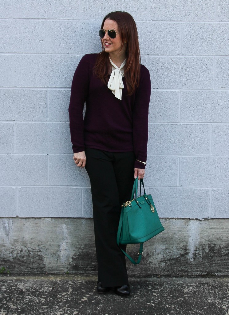 Plum Sweater Over Pussy-Bow Blouse with Black Trousers Plum Sweater Over Pussy-Bow Blouse with Black Trousers — Winter Work Outfits