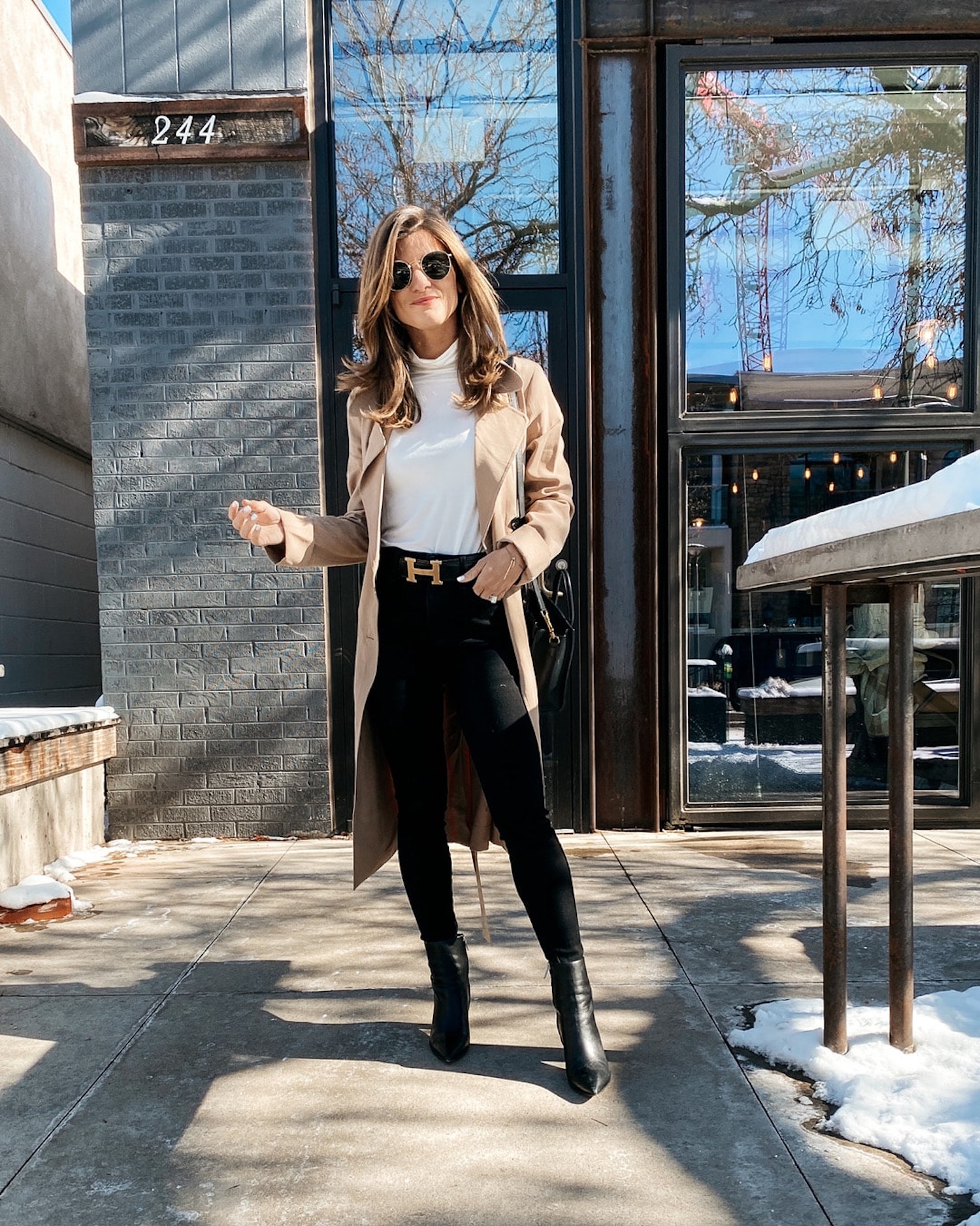 Camel Trench Coat with Gold Belt for Chic Casual Wear Winter Outfits