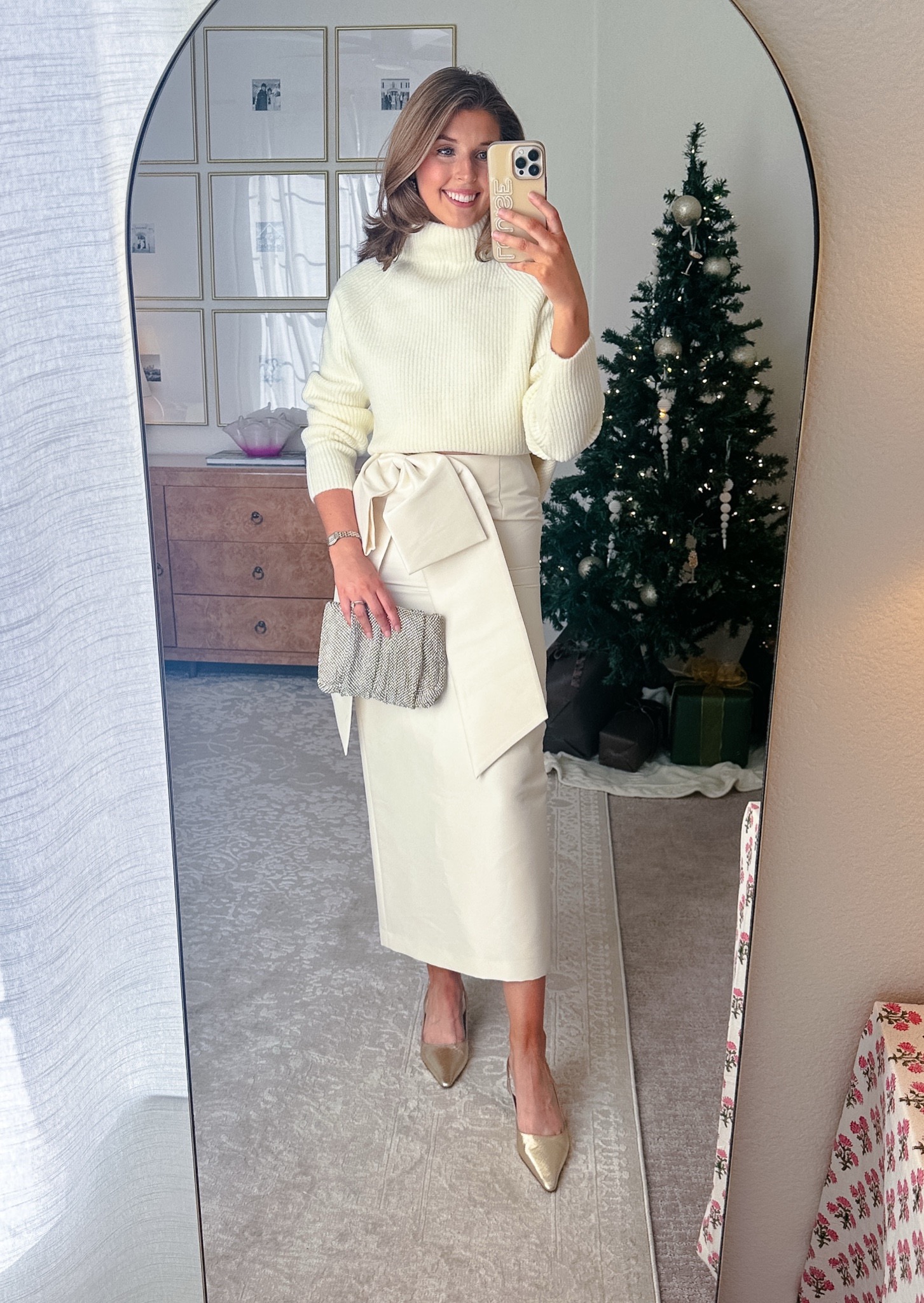 Cream Turtleneck and Bow Skirt with Gold Heels — Winter White Outfits