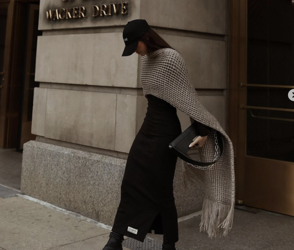 Dramatic Texture: Black Dress with Knit Shawl — Minimalist Winter Outfits