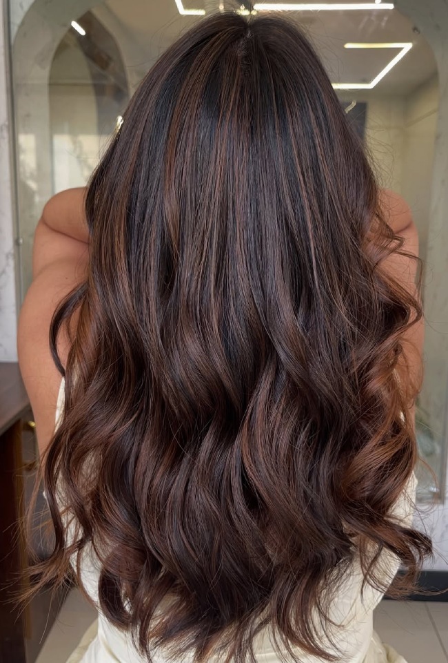 No Bangs Mid-Back Waves Subtle Cinnamon — Dark Chocolate Brown Hair