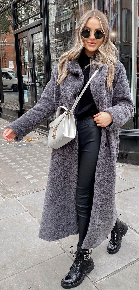 Modern Edge: Grey Teddy Coat with Faux Leather Pants — Teddy Coat Outfits