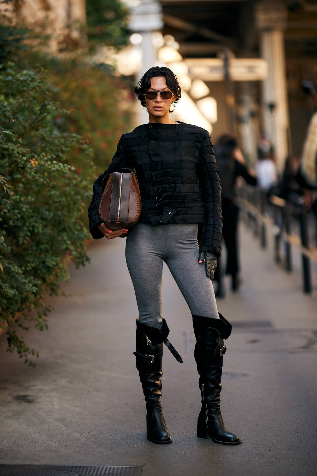 Buckled Black Leather Slouchy Boots with Structured Jacket Buckled Black Leather Slouchy Boots with Structured Jacket — Slouchy Boots Outfits