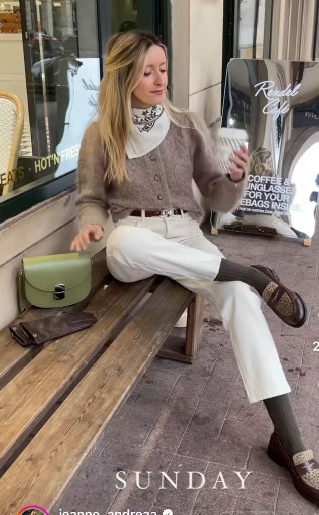 Beige Cardigan with Collared Shirt, White Pants, and Leopard Loafers — Cardigan Outfits
