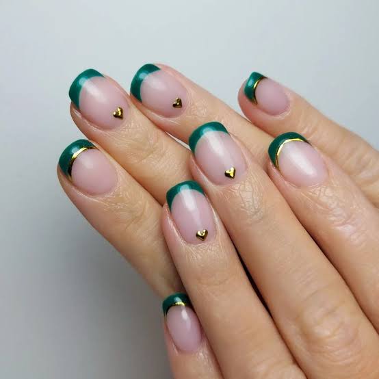 Gold Heart Charms On Accent Nails Visual Idea — Winter French Tip Nails
